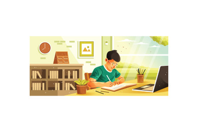 Young Boy Learning at Home Illustration