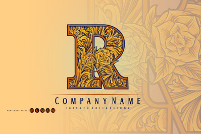 Vintage monogram letter r with floral petal decor