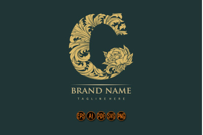 Floral engraved monogram C with luxurious intricate detail