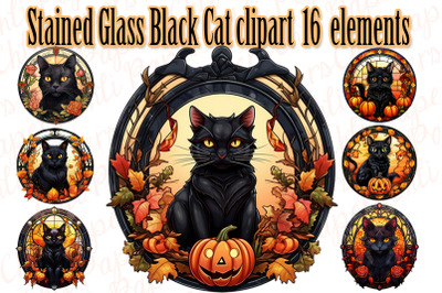 Stained Glass Black cat clipart,Halloween Clipart,Witch Cat