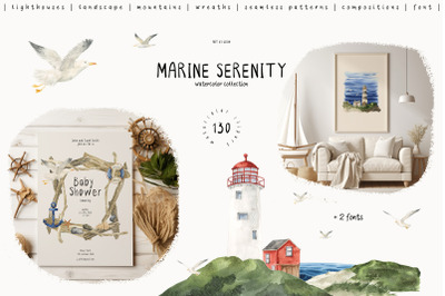 Marine Serenity Watercolor Nautical Clipart Lighthouses Seascape Shell