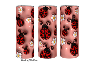 3D Inflated Lady Bug Tumbler Wrap Design Sublimation PNG, Puffy Pink