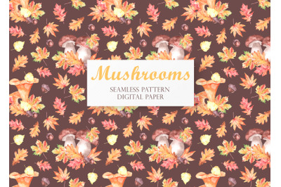 Mushrooms watercolor seamless pattern. Autumn harvest.