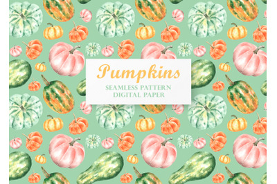 Pumpkins watercolor seamless pattern. Autumn harvest.