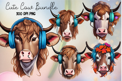 90s Retro Cow Sublimation Clipart Bundle | Flower Horse clipart PNG