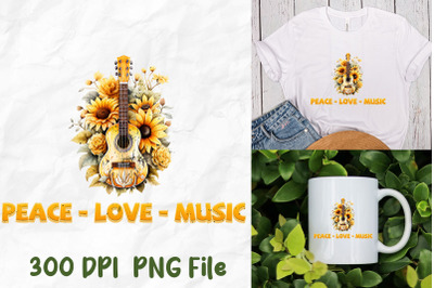 Peace Love Music Hippie Sunflower Guitar