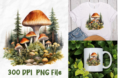 Hippie Mushroom Pine Forest Watercolor