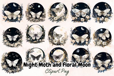 Night Moth and Floral Moon Clipart