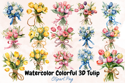 Watercolor Colorful 3D Tulip Clipart