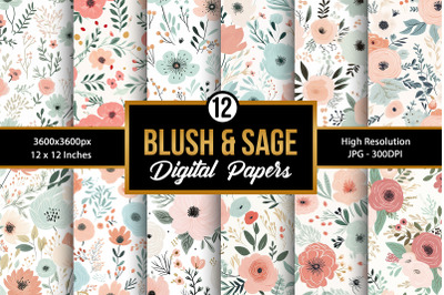 Blush &amp; Sage Cute Flowers Seamless Patterns, Floral Digital Papers