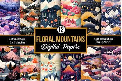 Floral Mountains Digital Paper Backgrounds