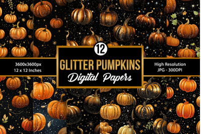 Glittery Fall Pumpkins Seamless Pattern Digital Papers