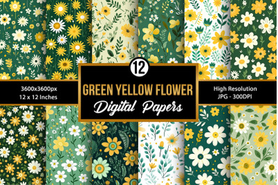 Green &amp; Yellow Cute Flowers Seamless Pattern Digital Papers