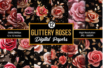 Glitter Roses Digital Papers, Floral Backgrounds