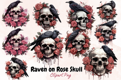 Raven on Rose Skull Sublimation Clipart