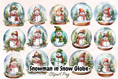 Snowman in Snow Globe Watercolor Clipart