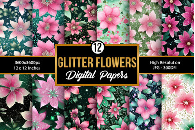 Pink &amp; Green Glittery Flowers Pattern Digital Papers