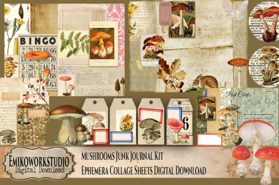 Vintage Mushroom Junk Journal Ephemera Pack | printable collage sheet