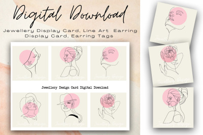 Digital Jewellery Display Card,Line Art Woman&#039;s Face,Earring card