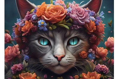 A cat&amp;&23;039;s head crowned with flowers