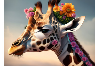 A Giraffe&amp;&23;039;s head crowned with flowers