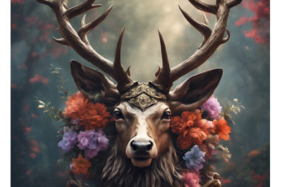 A stag&#039;s head crowned with flowers