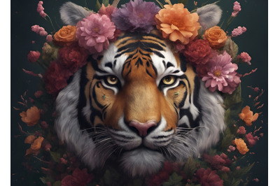 A tiger head crowned with flowers