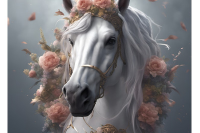 A white horse head crowned with flowers