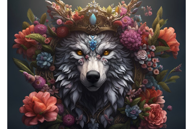 A wolf&#039;s head crowned with flowers