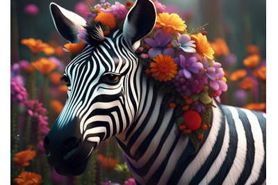 A zebra&#039;s head crowned with flowers