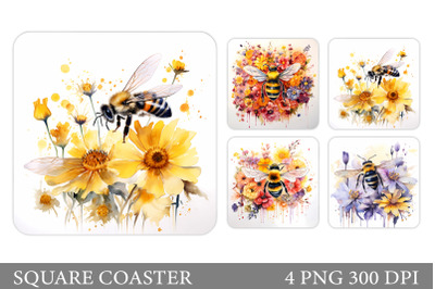 Bee Flowers Square Coaster. Bee Watercolor Square Coaster