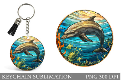 Dolphin Round Keychain. Stained Glass Dolphin Keychain