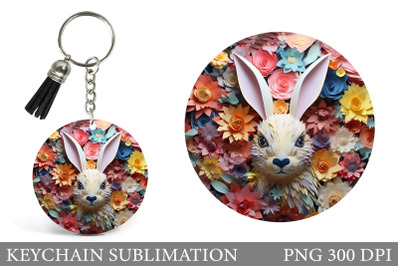 Bunny Round Keychain. Paper Bunny Flowers Keychain Design