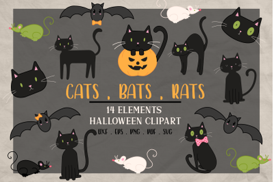 Black Bats, Cats, Rats Cute Halloween Clipart svg | Spooky svg clipart