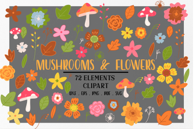 Autumn Mushrooms and Flowers Clipart svg | Fall svg clipart | Autumn s