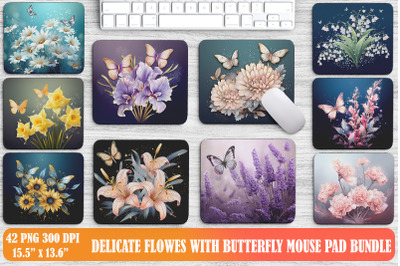 Delicate Flowers With Glitter Butterfly Mouse Pad Design