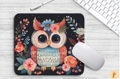 Cute Baby Owl With Flowers Mouse Pad