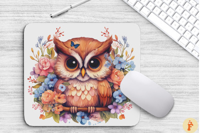 Cute Baby Owl With Flowers Mouse Pad