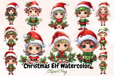 Christmas Elf Watercolor Clipart Bundle