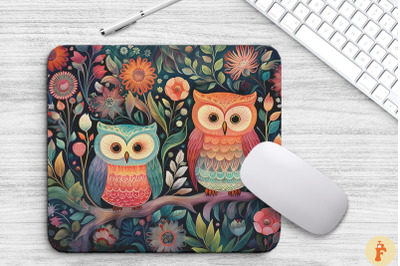 Cute Owls And Floral Mouse Pad