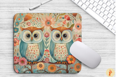 Cute Owls And Floral Mouse Pad