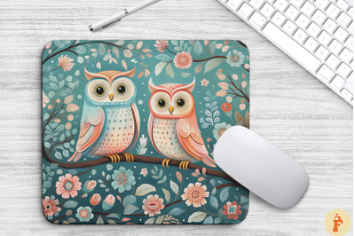 Cute Owls And Floral Mouse Pad