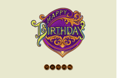 Engraved flourish happy birthday lettering badges