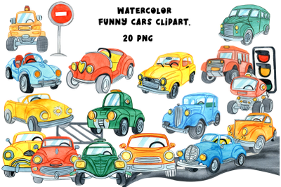 Watercolor funny cars clipart. Cute transport clipart