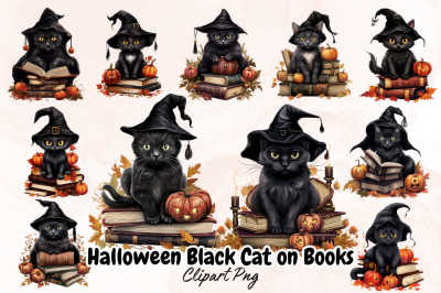 Halloween Black Cat on Books Clipart