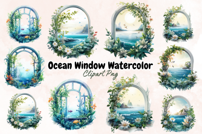 Ocean Window Watercolor Clipart Bundle