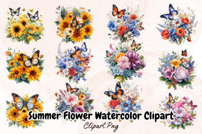 Summer Flower Watercolor Clipart Bundle