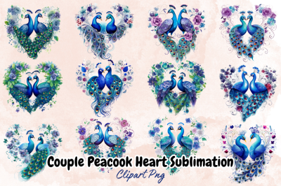 Couple Peacook Heart Sublimation Clipart