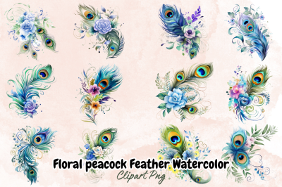 Floral peacock Feather Watercolor Sublimation