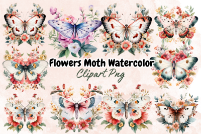 Flowers Moth Watercolor Clipart